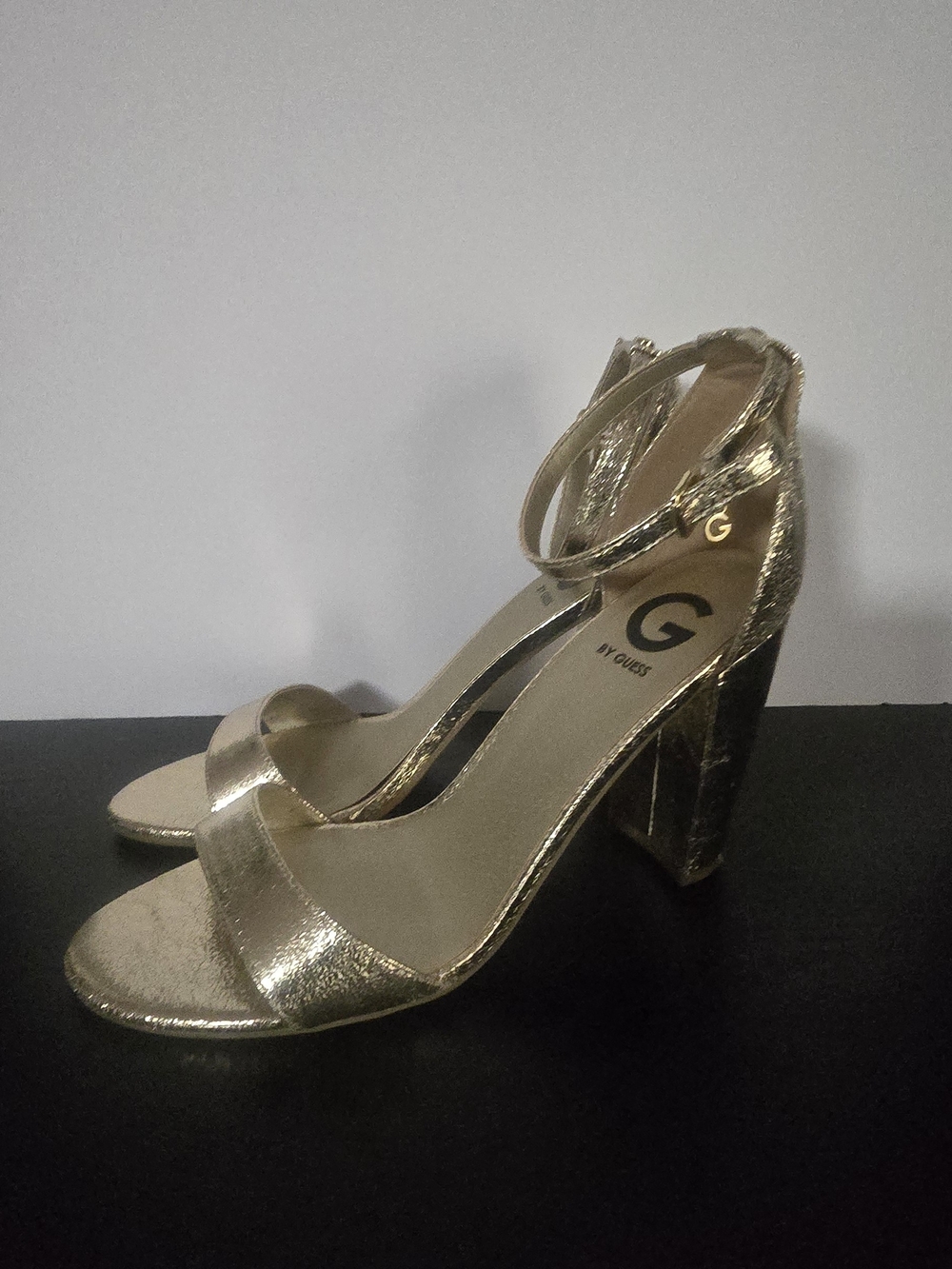 G by Guess Gold Metallic Block Heel Ankle-Strap Sandals